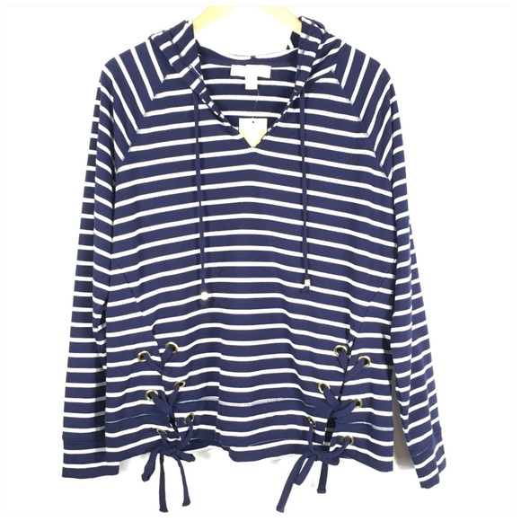 MICHAEL Michael Kors Tops - ⬇️Michael Kors Navy White Striped Terry Hoodie NWT
